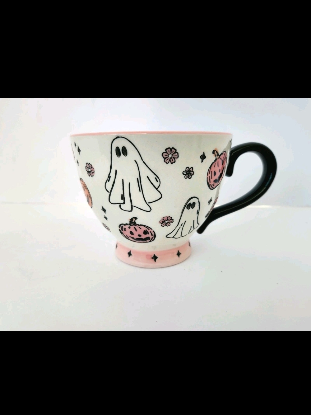 Potter's Studio Whimsical Pink Ghost Ceramic Coffee Mug with Black Handle